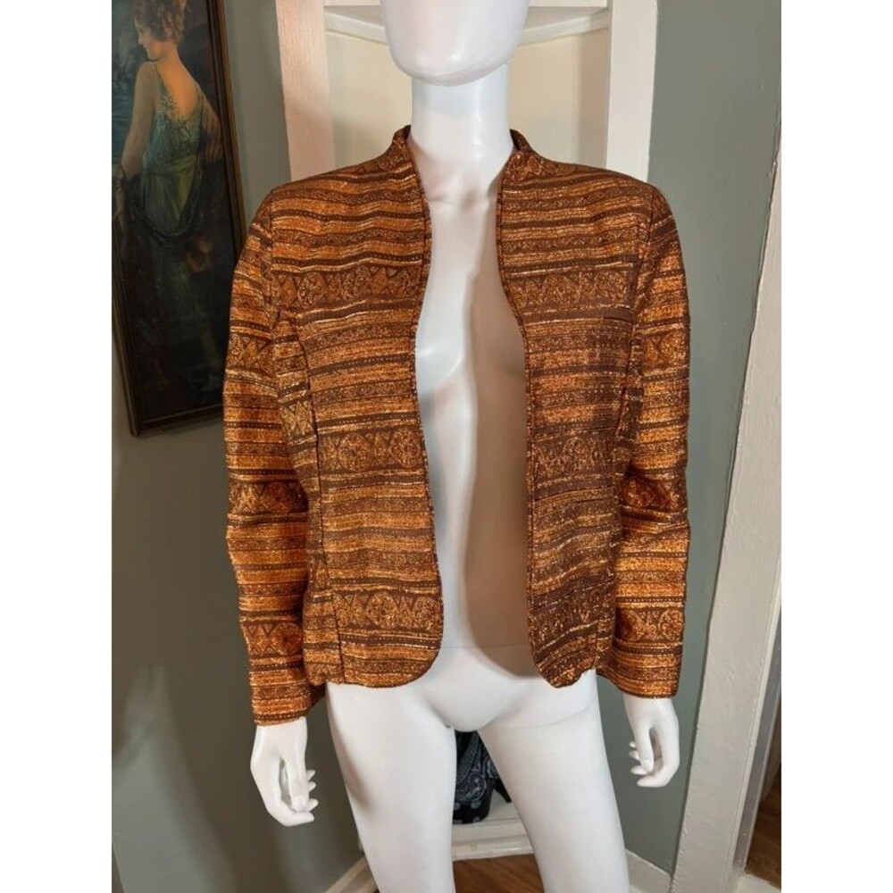 3/$12 Vintage 60s Handmade Bronze Copper Metallic Striped Blazer Jacket Large L